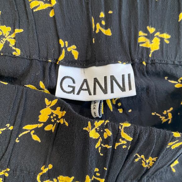 Ganni Floral Print Crepe Straight Leg Pull On Pants Black - Picture 7 of 8